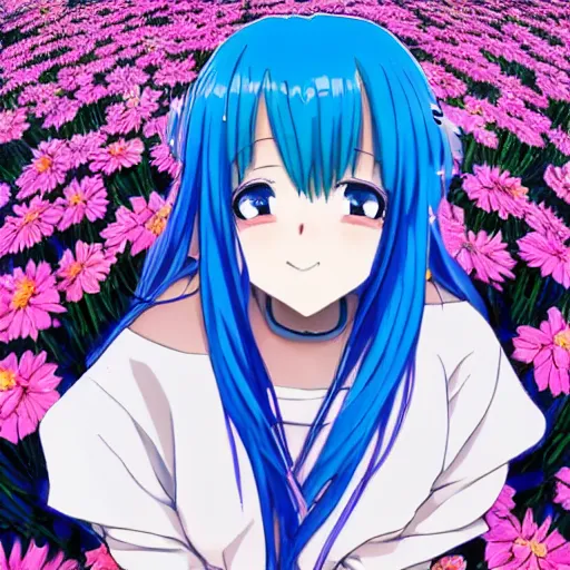 Prompt: anime girl with blue hair in a field of flowers