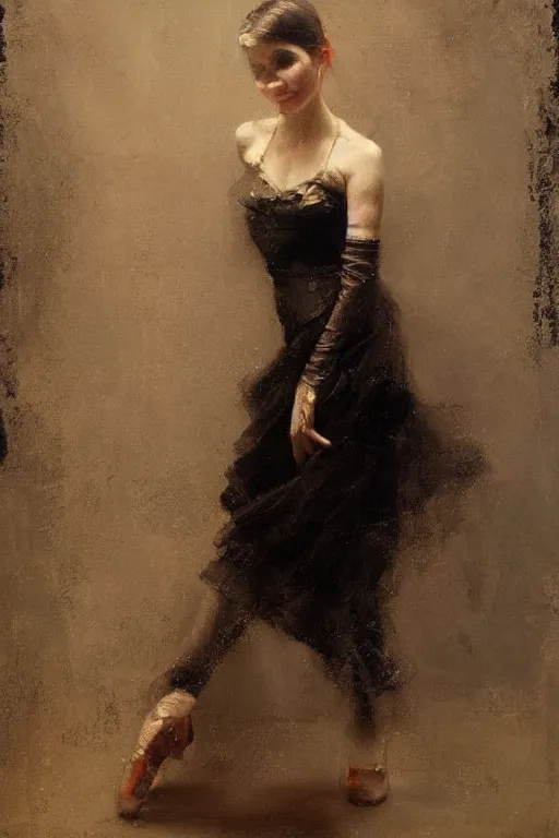 Prompt: Richard Schmid and Jeremy Lipking victorian genre painting full length portrait painting of a young beautiful woman dancer