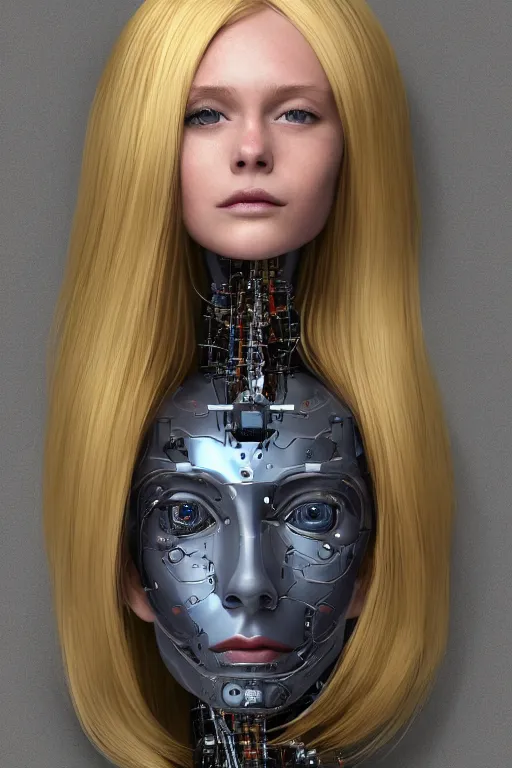 Image similar to robot with human face, female head, full body angle, woman human face, human face realistic, beautiful blonde hair, human head, human head with blonde hair, blonde hair human head, blonde hair, human realistic face, human head skin, cyborg frame concept, cyborg by ales-kotnik, sci-fi android female, the body is made of wires, robotic body, cyborg body, cyborg bust body, robot body cyborg, full body