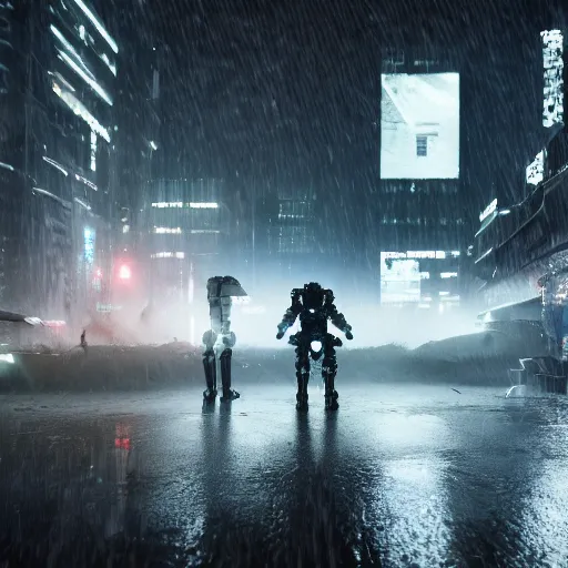 Image similar to cyberpunk robot warriors battling each other in heavy rain, ground fog, moody lighting, 8 k, lightning, shallow depth of field, cinematic lighting,