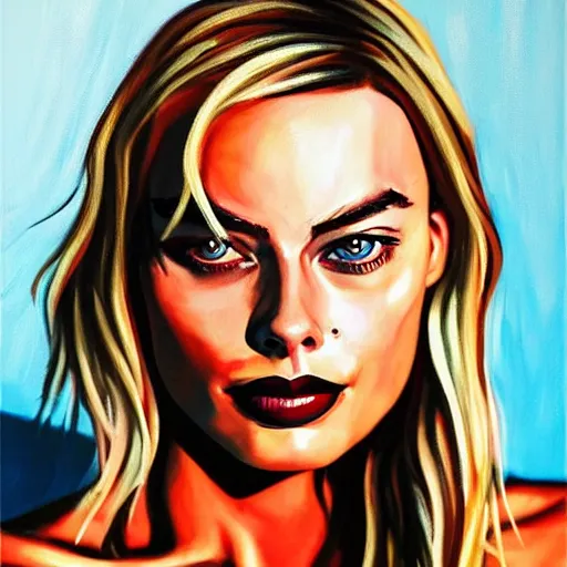 Prompt: A margot robbie painting with a piercing gaze, sexy, vibrant