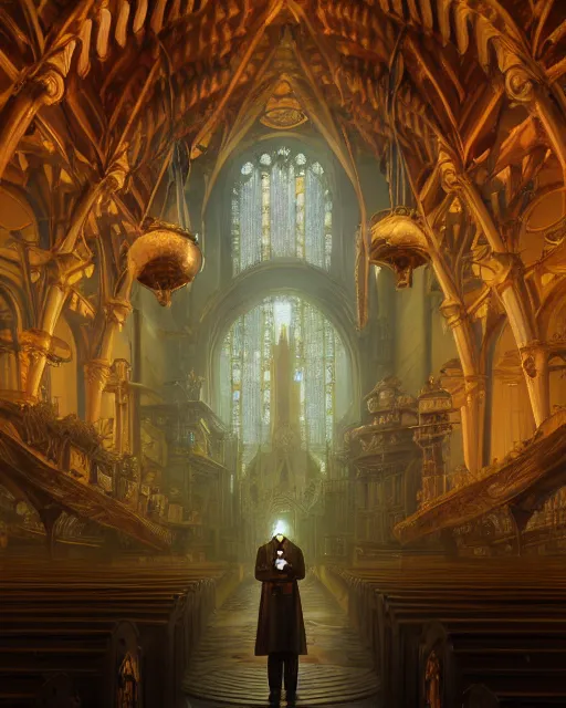 Image similar to highly detailed surreal vfx portrait of a steampunk priest in a steampunk cathedral, stephen bliss, unreal engine, greg rutkowski, loish, rhads, beeple, makoto shinkai and lois van baarle, ilya kuvshinov, rossdraws, tom bagshaw, alphonse mucha, global illumination, detailed and intricate environment