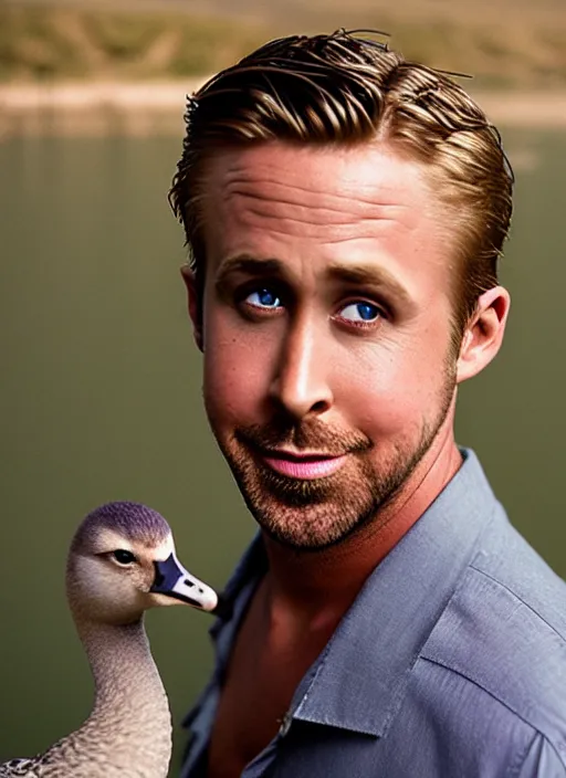 Image similar to ryan gosling fused with a goose, natural light, bloom, detailed face, magazine, press, photo, steve mccurry, david lazar, canon, nikon, focus