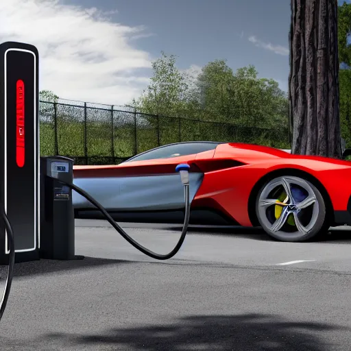 Image similar to a closeup photorealistic photograph of a futuristic electric ferarri concept ev charging in silicon valley at drive in charger. bright scene, silicon valley. fine detail. this 4 k hd image is trending on artstation, featured on behance, well - rendered, extra crisp, features intricate detail, epic composition and the style of unreal engine.