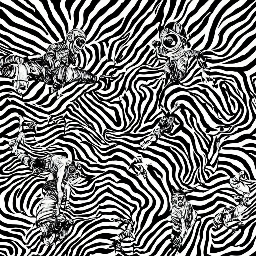 Prompt: faceless human figures, kazuo umezu artwork, jet set radio artwork, stripes, tense, space, cel - shaded art style, broken rainbow, ominous, minimal, cybernetic, dark, eerie, zebra stripes
