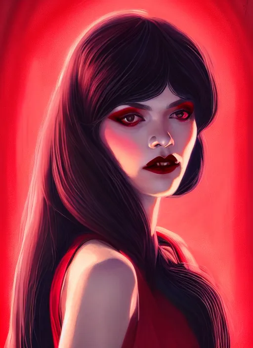 Image similar to portrait of vampire veronica lodge with bangs, vampire fangs, vampire, long hair, red clothes, bangs, vampironica, intricate, elegant, glowing lights, highly detailed, digital painting, artstation, concept art, smooth, sharp focus, illustration, art by wlop, mars ravelo and greg rutkowski