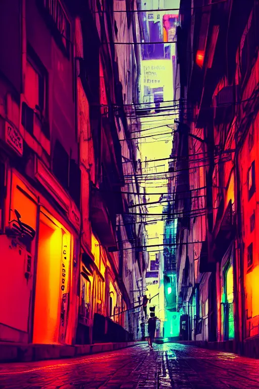 Prompt: neon streets of lissabon, 4 k, award winning photo, cyberpunk style