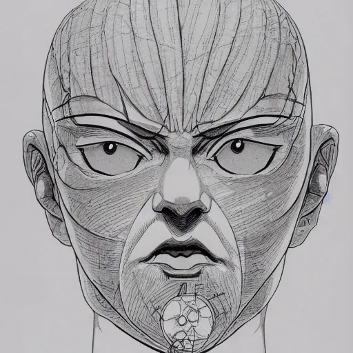 Image similar to prompt: Fragile looking vessel portrait face drawn by Katsuhiro Otomo, inspired by Logan Maxwell Hagege, magical and alchemical objects on the side, soft light, white background, intricate detail, intricate ink painting detail, sharp high detail, manga and anime 2000