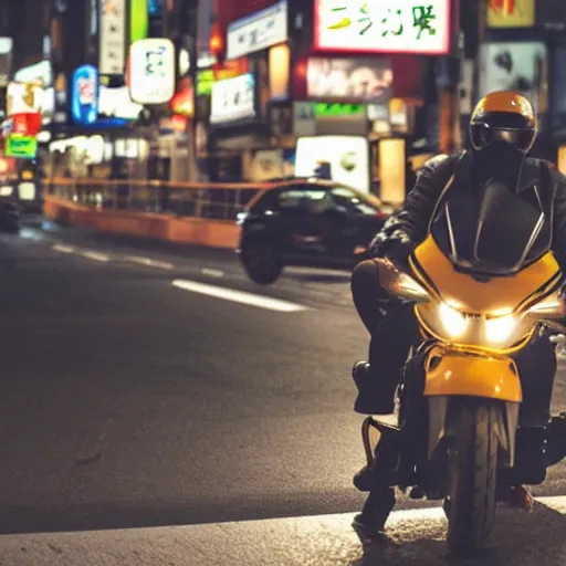 Prompt: duck driving a motorcycle through tokyo at night