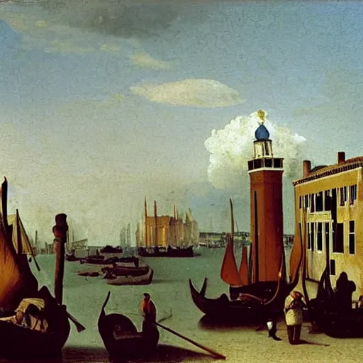 Prompt: Venetian ships entering the port of Boston in 1780, oil painting by Vermeer, romanticism