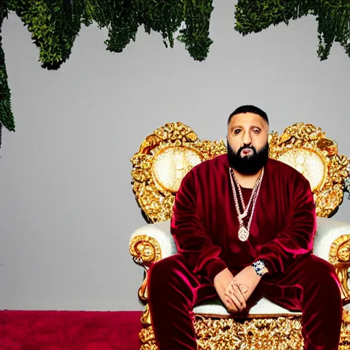 Image similar to DJ Khaled wearing a VR headset, sitting on an ornate red velvet throne