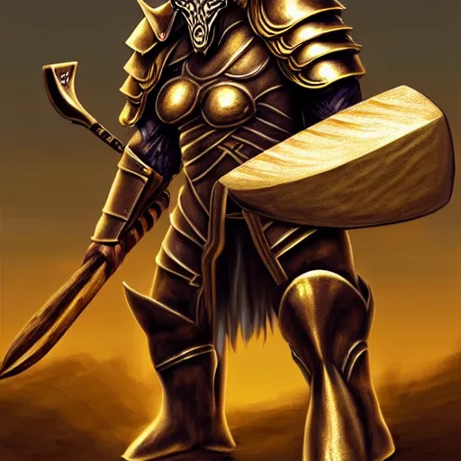 Image similar to Giant minotaur humanoid beast warrior with two handed axe, horned helmet, concept art, heavy knight golden armor, paladin, hyperrealism, high details, digital painting, dark fantasy