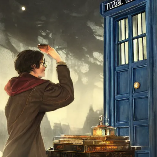 Prompt: harry potter at a tardis console, highly detailed, artstation, concept art, smooth, sharp focus, illustration, art by michael kutsche, jules bastien - lepage, jean - joseph benjamin - constant