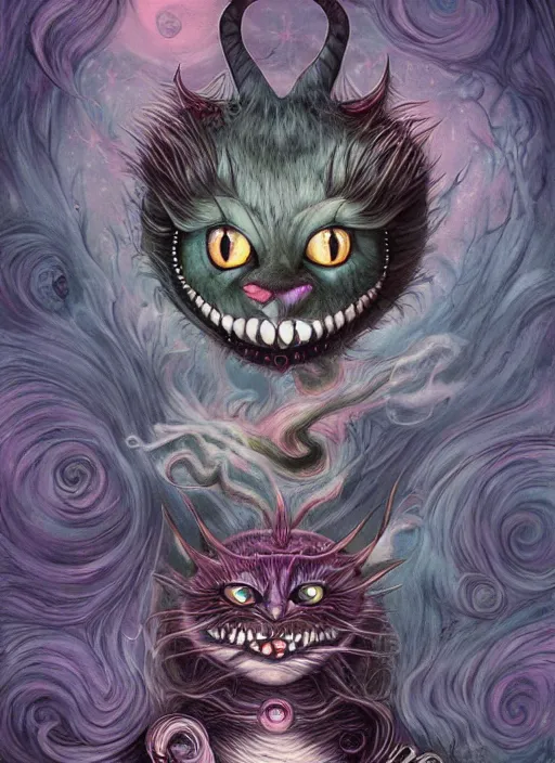 Image similar to cheshire cat the devil tarot card, highly detailed, cinematic, 8 k, bymegan duncanson, benjamin lacombe, naoto hattori, adrian borda, giger, trending on deviantart, hyper detailed, horror, full of colour