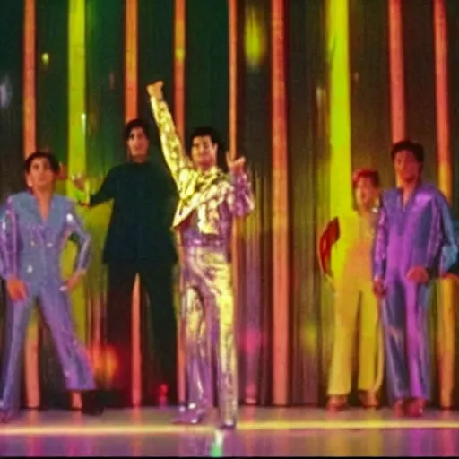 Prompt: A still of Ho Chin Minh wearing a disco suit in Saturday Night Fever