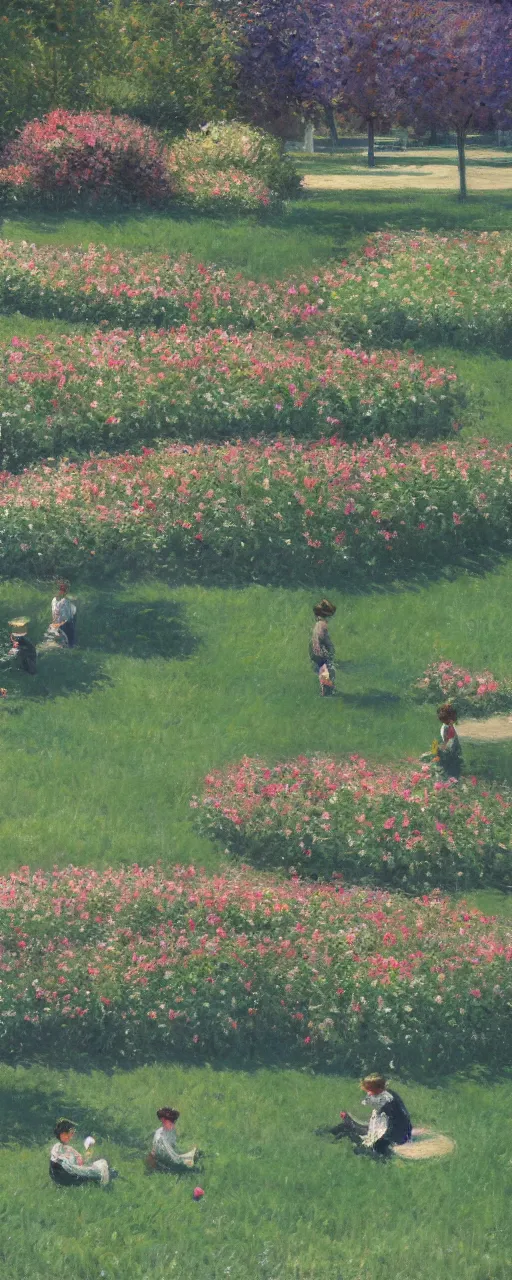 Prompt: a beautiful park in full bloom, people playing, noon, Gustave Caillebotte, artstation, 8k