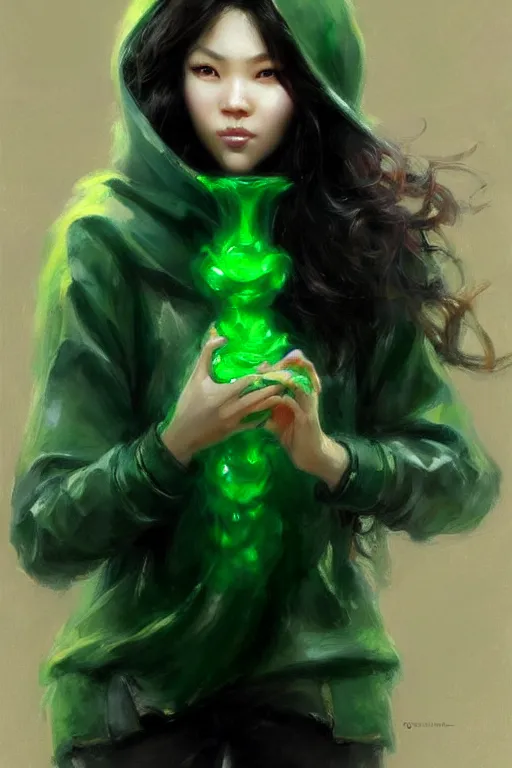 Image similar to an asian woman with emerald eyes and emerald hair that curls in the end, green aura, black hoodie, painting by daniel gerhartz, alphonse murac, detailed art, artstation