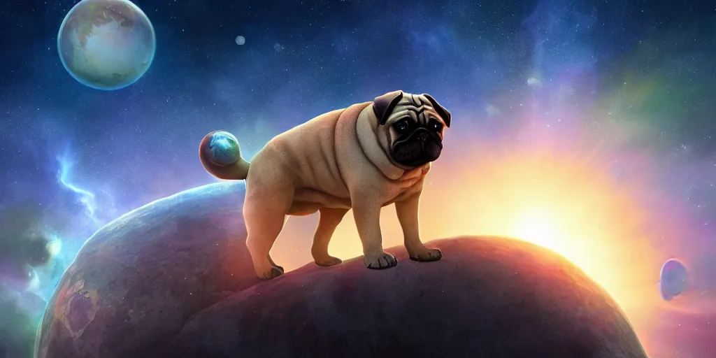 Prompt: giant pug walking on a planet, beautiful background, brightly colored, still, photograph, trending on artstation, dynamic lighting, cinematic, highly detailed, sharp focus, space, universe, stars