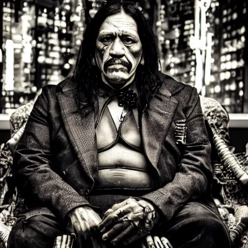 Prompt: a photo of a sad victorian gothic danny trejo sitting on a sofa of bones surrounded by a cyber futuristic cityscape made of human body parts, lighting, 5 0 mm, perfect faces, award winning phhotography