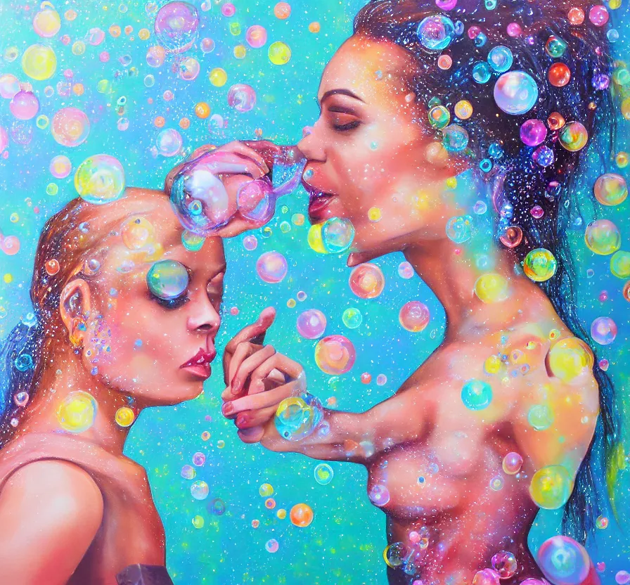 Prompt: beautiful woman, face, bubbles, bubble, watedrops, waterdroplets, acrylicpainting, acrylicpouring, painting, influencer