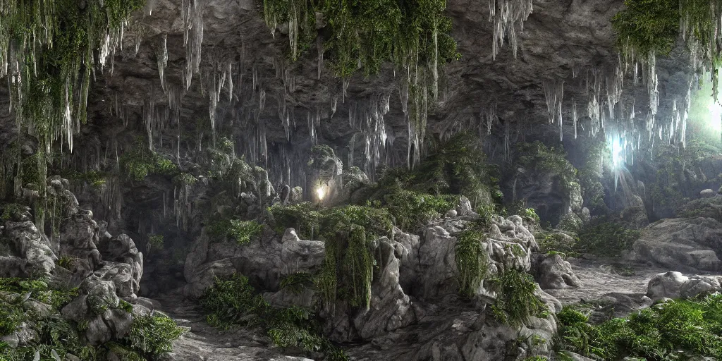 Prompt: Overgrown stone Cave, high detailed thin stalagmites, high detailed thin stalactites, The Sword in the stone in the middle, Rays of God shining from above, Crystal Lighting, Mystical, Hyperrealist, 4K, Unreal Engine, Highly Detailed, Dramatic Lighting, Magical, Beautiful