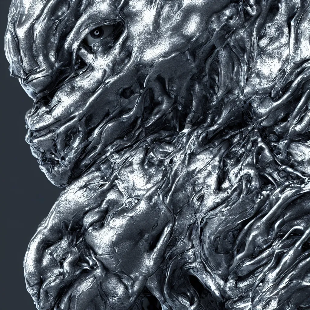 Image similar to 3 d render of a melted insectoid head, sculpture, chrometype, liquid metal, neotribal, raytraced, volumetric lightning, 8 k, by wlop, ouchh and and innate studio