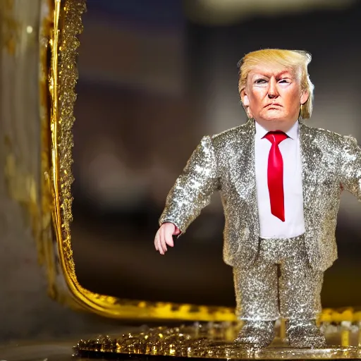 Image similar to Donald Trump with silver-violet hair, white eyes and golden glittery dress, wide lens, diorama, 4k,