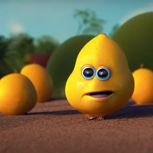 Image similar to a cinematic film still from a 2010 Pixar movie about anthropomorphic lemons, in the style of Pixar, shallow depth of focus