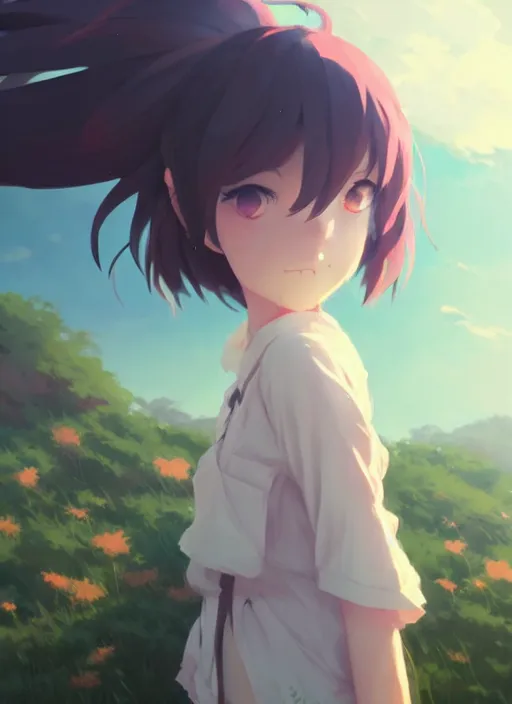 Image similar to portrait of cute catgirl, cloudy sky background lush landscape illustration concept art anime key visual trending pixiv fanbox by wlop and greg rutkowski and makoto shinkai and studio ghibli