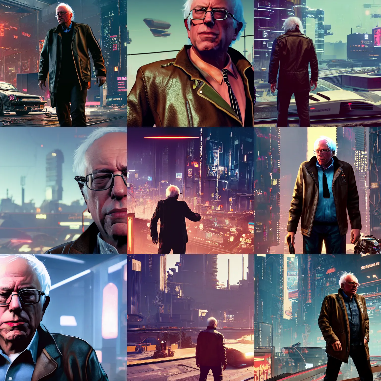 Prompt: full-frame of Bernie Sanders, wearing a brown leather-jacket, as a character from Cyberpunk 2077, looking at camera, intricate, sci-fi, extremely detailed, in the background cyperpunk-2077-city, concept art, artstation