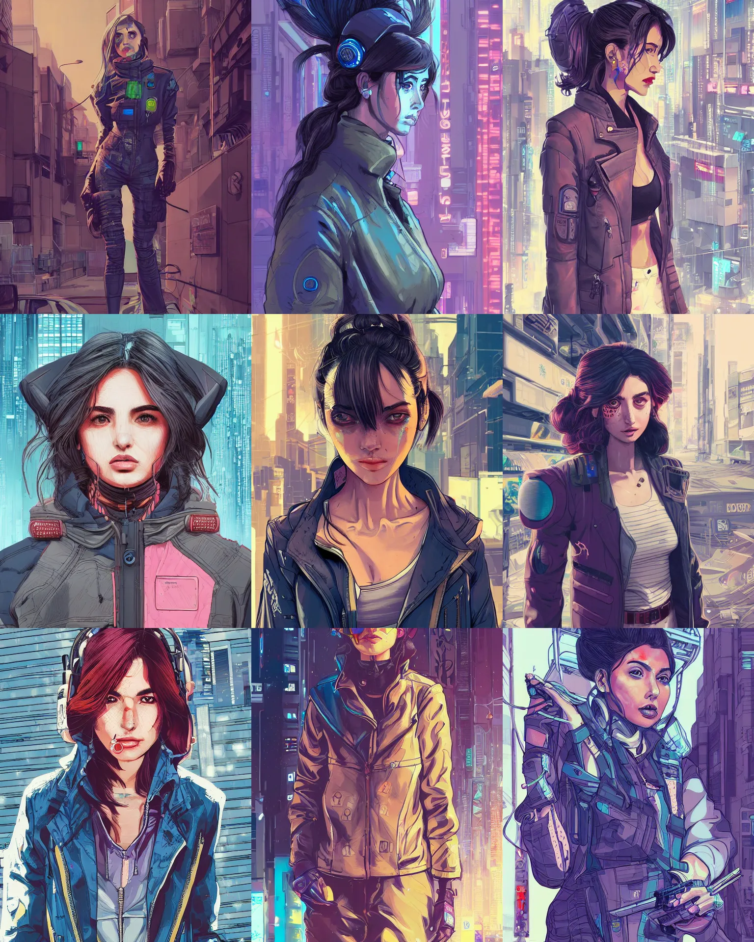 Prompt: detailed painting of ana de armas portrait cyberpunk clothes and hair in a tokyo street, trending on artstation, by josan gonzalez, flat colors