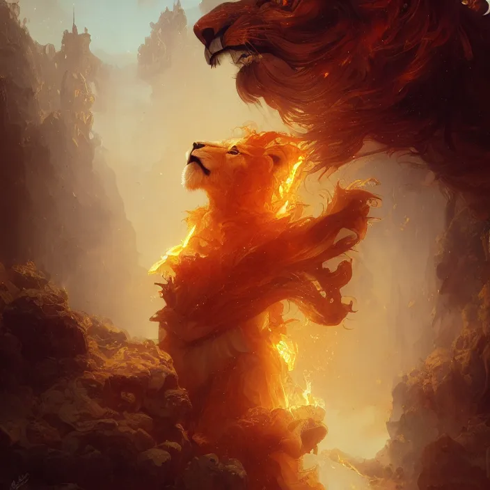 Image similar to lion made out of fire and water, masterpiece painting, 4k, trending on artstation, octane render, art by artgerm and greg rutkowski and alphonse mucha and craig mullins and James Jean and Andrei Riabovitchev and Marc Simonetti and peter mohrbacher