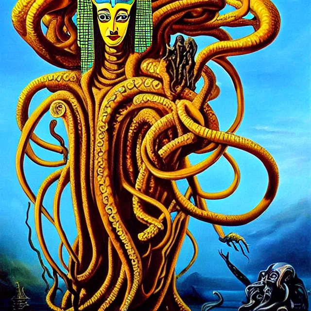 Image similar to a beautiful painting cthulhu mythos robot queen of egypt medusa face, by salvador dali realistic oil painting