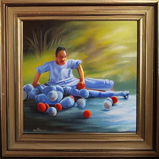 Image similar to Divi kaķi spēlē pingpongs uz oranža fona, oil painting