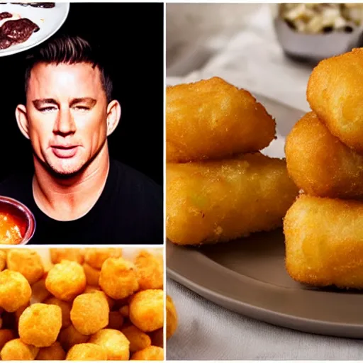 Image similar to food photo of channing tatum's face on top of giant tater tot on a plate with ketchup