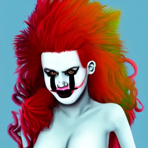 Image similar to A high quality illustration of a bright goth-clown hybrid with red hair, trending on artstation, cute
