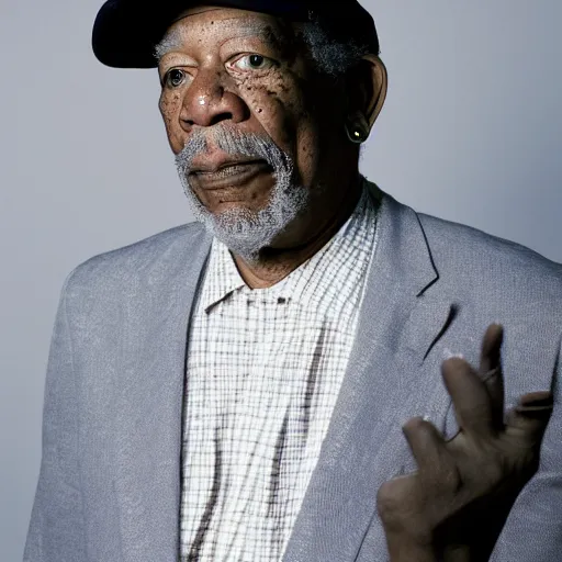 Prompt: a studio photograph of Morgan Freeman dressed as A rapper, 40mm lens, shallow depth of field, split lighting