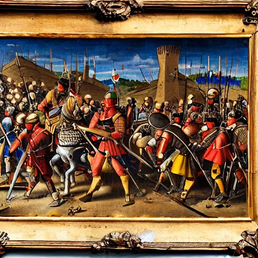 Image similar to Battle of Pavia in 1525, Landsknecht vs Swiss pikemen, medieval painting