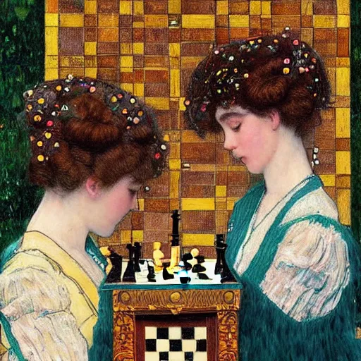 Prompt: two young edwardian women playing chess, in the style of Gustav Klimt