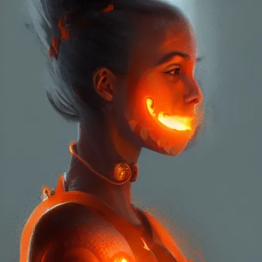 Image similar to side profile portrait of a mixed-race woman with an orange glow on her face from an orange flame being cast as a spell in her hand, medieval metallic knight armor, artstation, cgsociety, masterpiece, dark fantasy