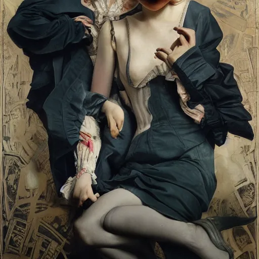 Image similar to elle fanning, ana de armas, anya taylor joy in prey picture by j. c. leyendecker and peter paul rubens, asymmetrical, dark vibes, realistic painting, organic painting, matte painting, geometric shapes, hard edges, graffiti, street art : 2 by j. c. leyendecker and peter paul rubens : 4