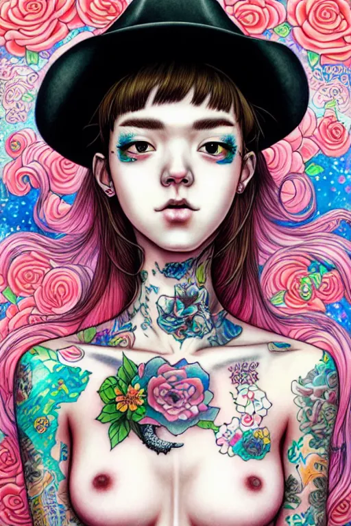 Image similar to full view of girl with tattoos wearing cowboy hat, style of yoshii chie and hikari shimoda and martine johanna, highly detailed