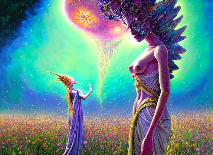 Image similar to a beautiful painting of a large alien godess emerging from a magical shrine shrouded by mystic nebula magic in a field of flowers by moebius and android jones, oil on canvas sharp, details, hyper - detailed, hd, hdr, 4 k, 8 k