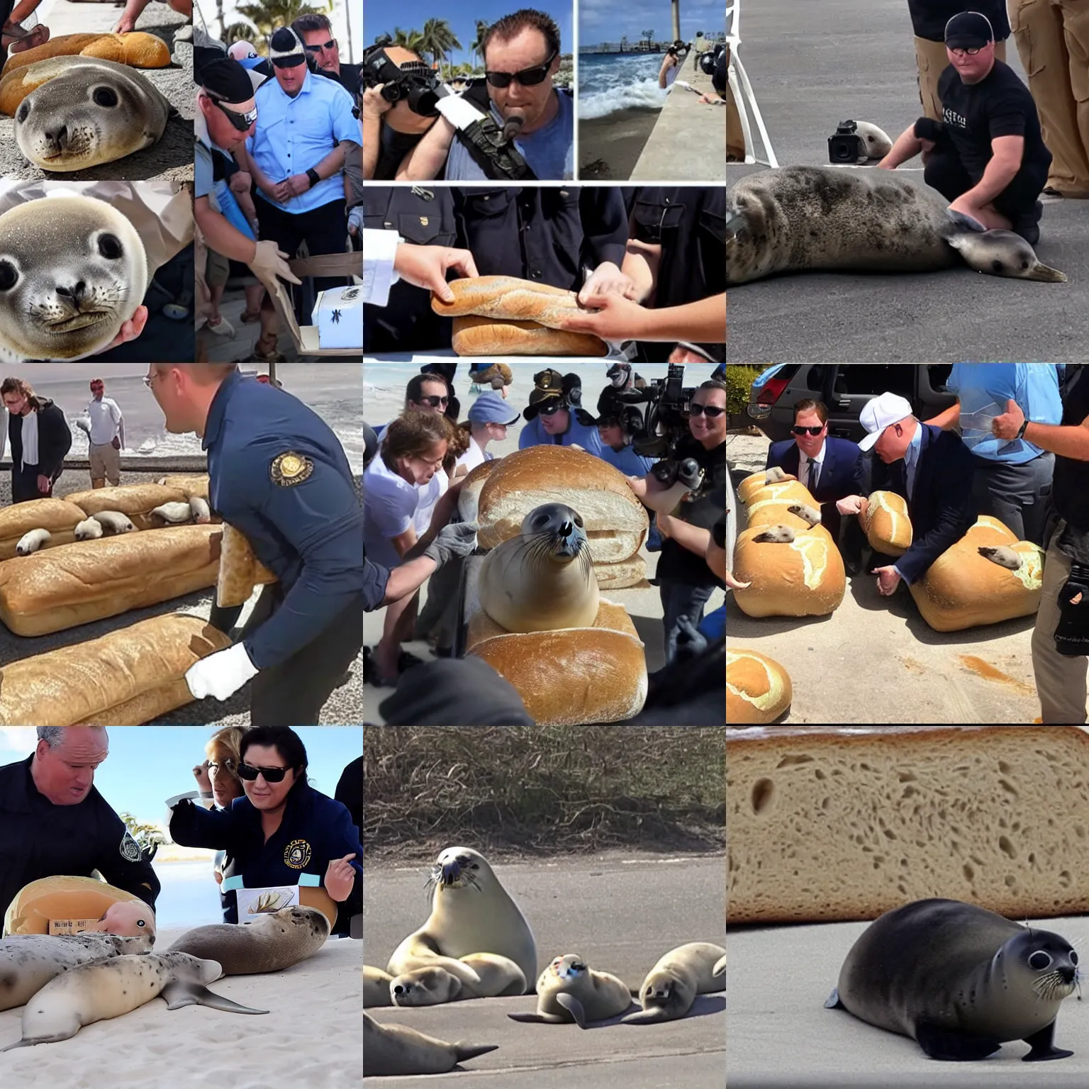 Prompt: baby seal disguised as a loaf of bread raids mar - a - lago with a team of baby seals and seizes nuclear documents! with explosions!! in the background, high quality camera footage from a news van