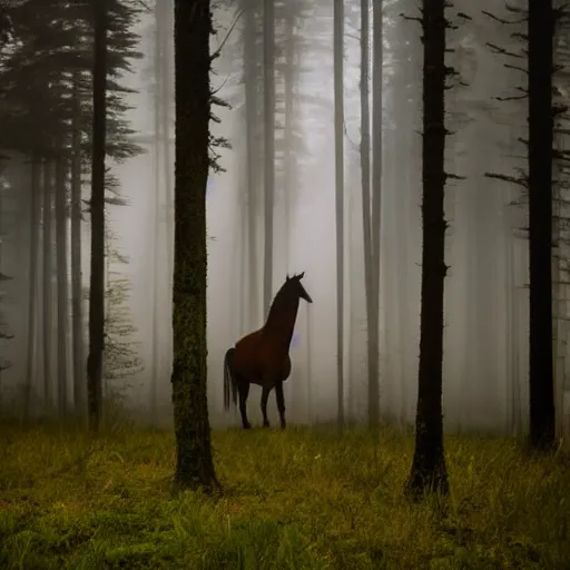 Image similar to a totem horse in the middle of a forest, foggy ambience, god rays.