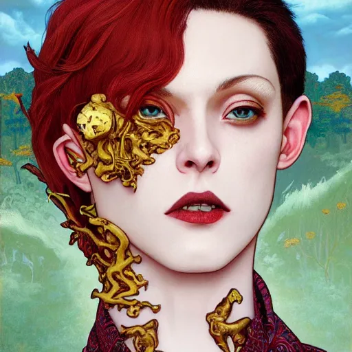 Prompt: portrait of a beautiful and androgynous half - elf with messy short red hair and dark skin tone and catlike features and yellow eyes with slit pupils, golden hour, wearing a colorful men's suit, dnd character, realistic painting by kehinde wiley and ross tran and gerald brom and tasha beckwith and alphonse mucha, trending on artstation