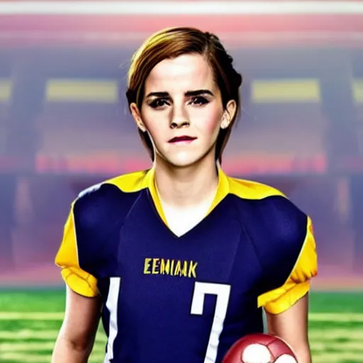 Image similar to emma watson as football player, hyper realistic