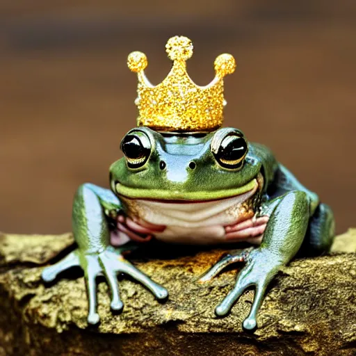 Image similar to anthropomorphic frog wearing crown, photo, 5 5 mm