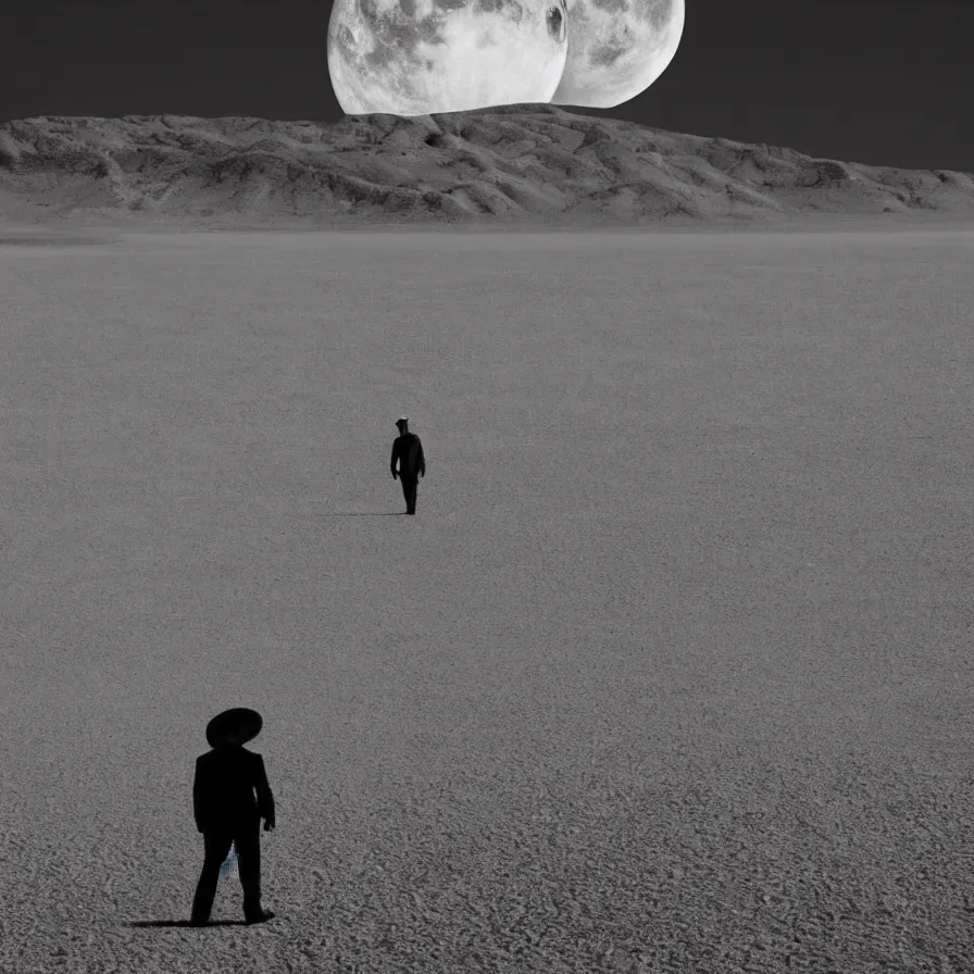 Image similar to a surreal landscape of a frightened man wandering in a vast desert lit by two scary moons