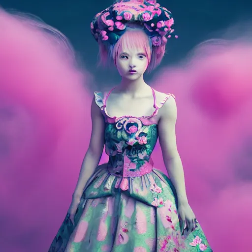 Image similar to 8 k, octane render, realism, tonalism, renaissance, rococo, baroque, portrait of a young - lady wearing long - harajuku manga - dress with flowers and skulls, cotton candy!! ( background chaotic cotton candy flowers )